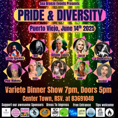 Pride & Diversity Puerto Viejo event poster, June 14 2025