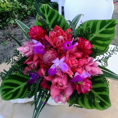 Bright pink and purple bouquet centerpiece