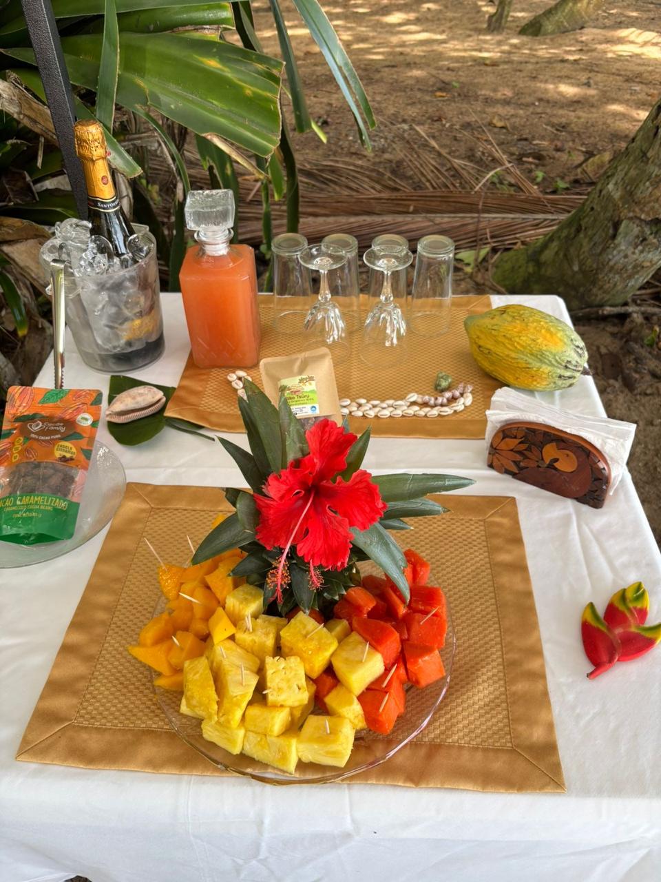Tropical fruit platter with hibiscus flower for a wedding